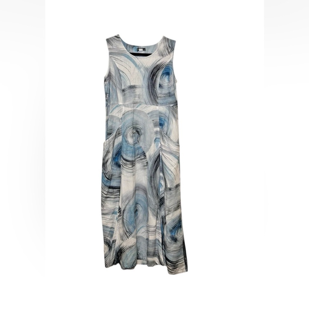 Dolcezza Art Simply 100% Linen Maxi Dress Blue Abstract Swirl Size Small - Picture 2 of 5